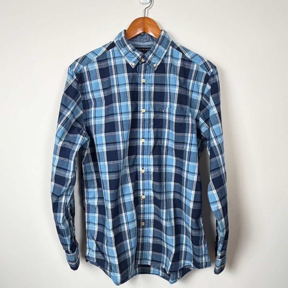 Tommy Hilfiger Mens Classic FIt Blue Plaid‎ Button Down Shirt Medium Long Sleeve